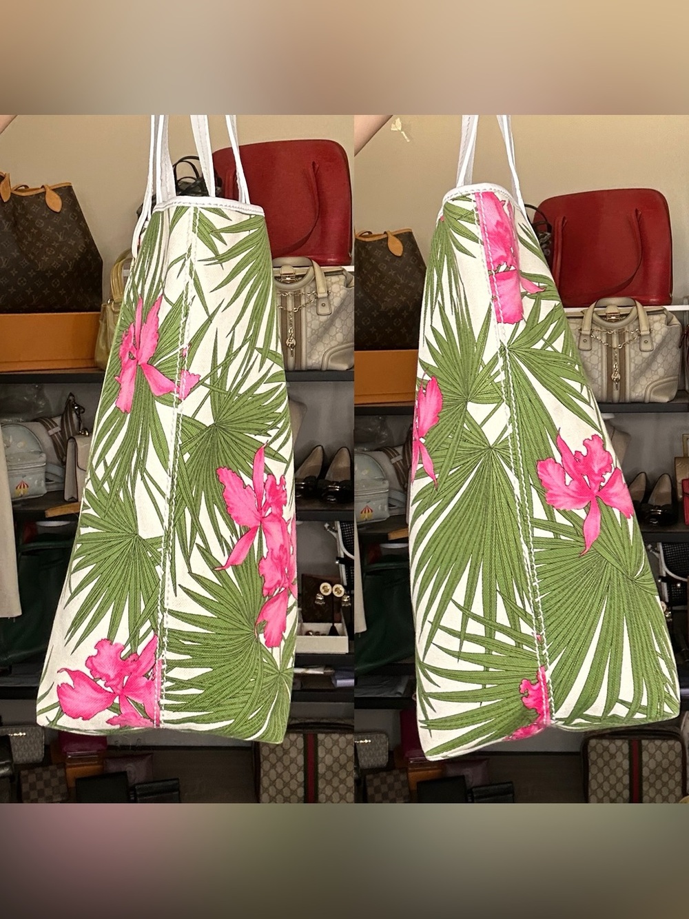 Vintage Celine Tropical Hibiscus Palm Floral Canvas & leather Large Tote w/ COA - Picture 14 of 16